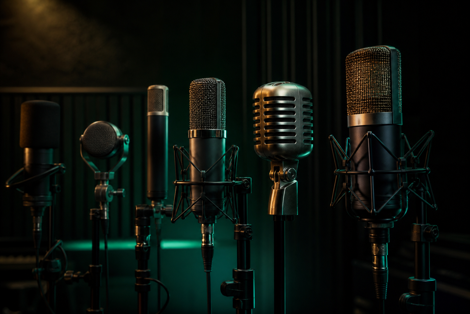 A curated lineup of professional microphones for a voice actor microphone shoot out
