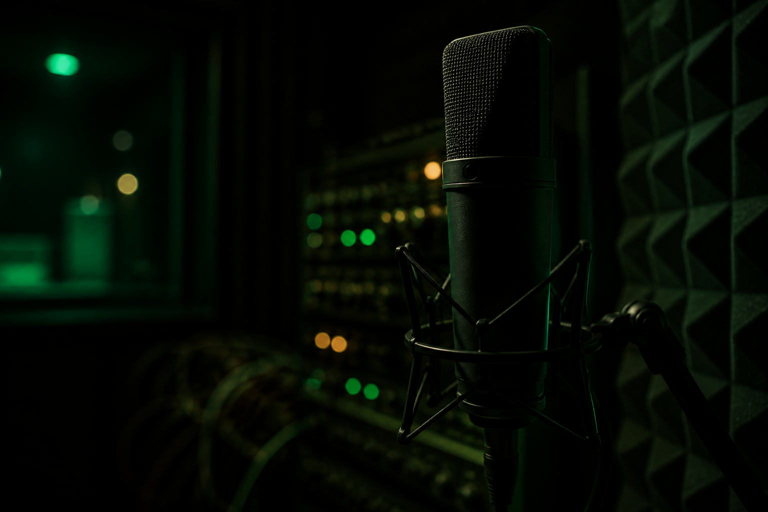Professional voice recording microphone in a dark acoustically treated studio